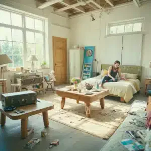 Una stanza piena di mobili e oggetti riutilizzati, trasformati in nuovi elementi d'arredo.