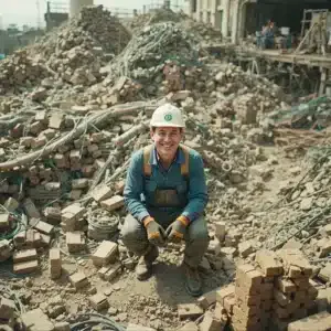 Un operaio sorridente in un cantiere pieno di rifiuti da costruzione e demolizione come calcinacci, mattoni, pastrelle, cavi eccetera.
