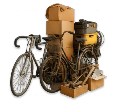 vecchie biciclette scatoloni e attrezzi per lo sgombero box auto